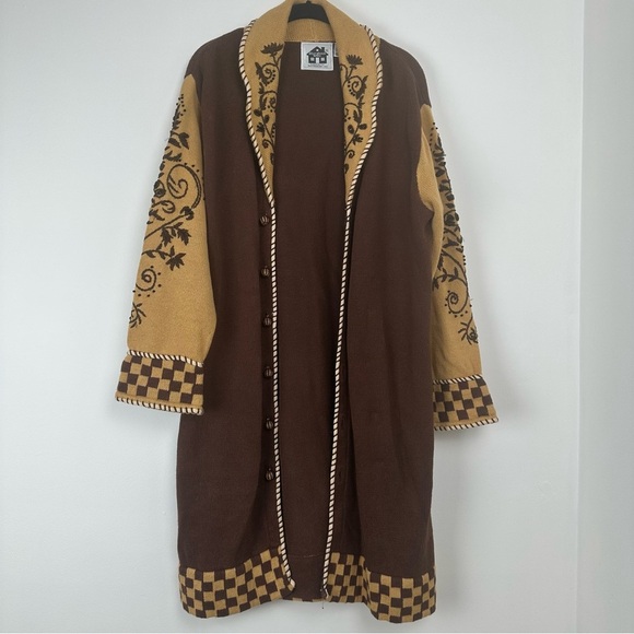 Storybook Knits Long Cardigan Size Large Brown Checkered Embroidered Beaded - Picture 1 of 12